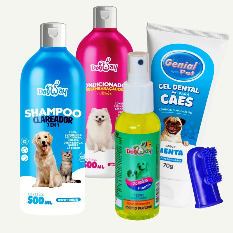 Kit Banho e Tosa Shampoo Branqueador Condicionador Perfume Filhotes Gel Dental e Escova de Dente Cachorro